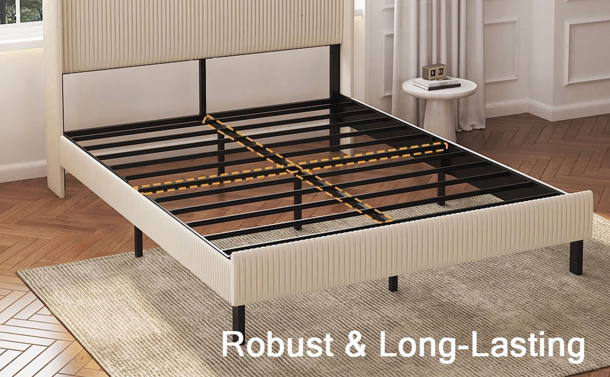 Yoneston Queen Size Platform Bed Frame with Velvet Upholstered Headboard Storage Shelf and USB Port Charging Station for Bedroom, Beige