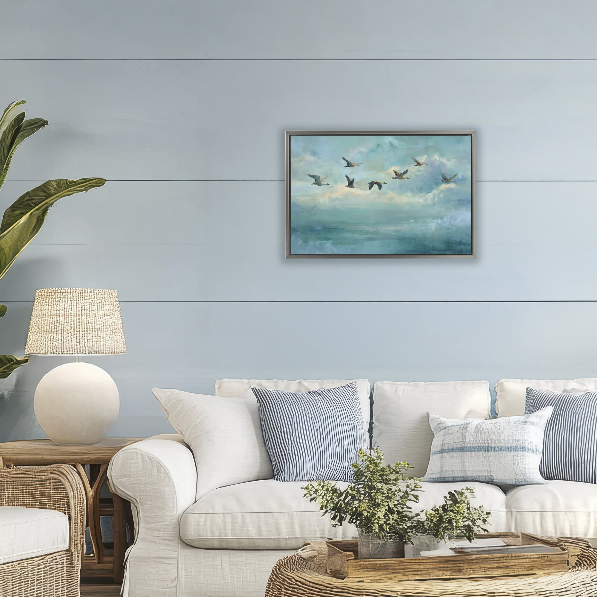 Stupell Industries Blue Skies Geese Gray Framed Floater Canvas Wall Art, design by Petal Prints Design