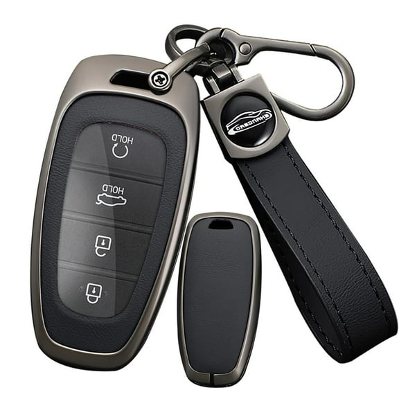 Metal & Leather 3/4/5/7/8 Button Key Fob Cover Case Compatible with Hyundai Tucson 2024 Palisade Sonata 2023 2022 Santa fe Keyless with Keychain