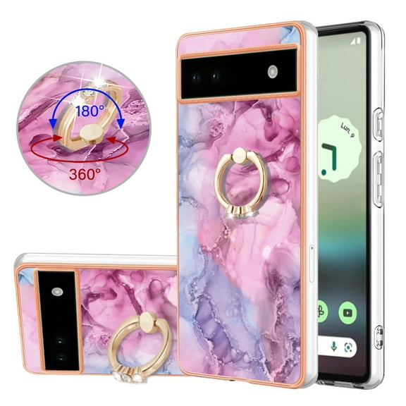 Mantto For Google Pixel 6A Case,Ring Holder Stand Marble Pattern 3 in 1 Rugged Shockproof Hybrid Hard PC Soft Rubber Bumper Drop Protective Girls Women Boy Men Phone Cases for Google Pixel 6A,Pink