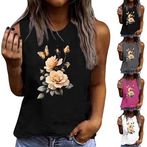 Mifsaly Floral Tank Tops for Women Cotton Sleeveless Top Rose Floral Graphic Summer T-Shirts Loose Fit Soft Breathable Versatile Vacation Outfits L