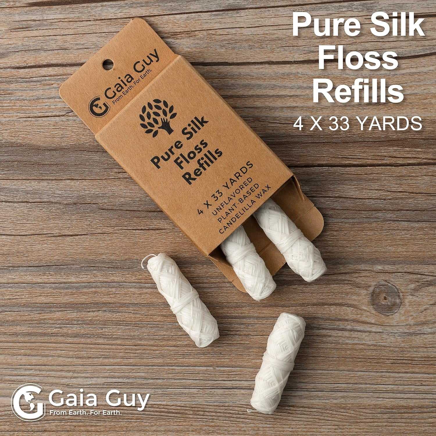 Silk Dental Floss Refills | Unscented Natural Silk | 4 Rolls 33-yard | Compostable, Sustainable, and Biodegradable Silk Dental Floss with Eco-friendly Packaging
