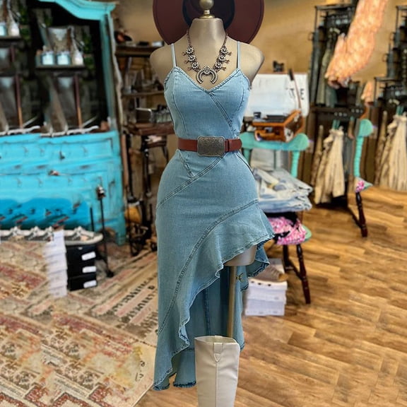 Ovbmpzd Going Out Dresses for Women Midi Blue Denim Sleeveless Dress V Neck Dresses Date Night Dresses for Women L