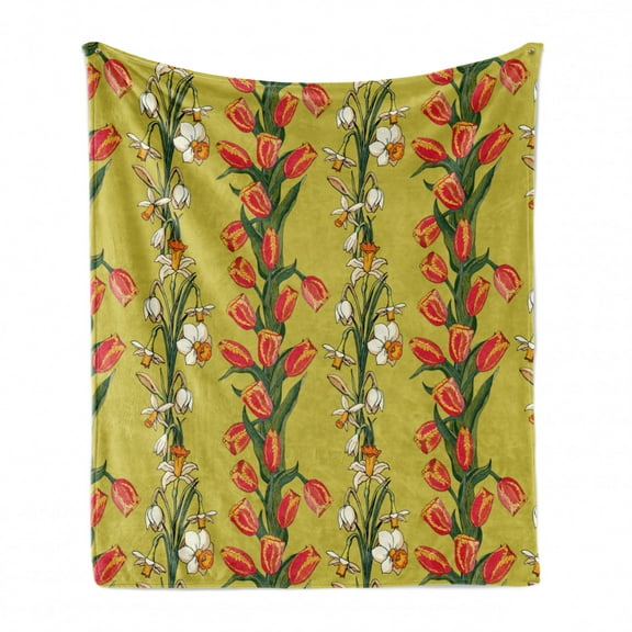 Floral Soft Flannel Fleece Throw Blanket, Vertical Strips of Tulips and Daffodils Leafy Botanical, Cozy Plush for Indoor and Outdoor Use, 50" x 60", Khaki Multicolor, by Ambesonne
