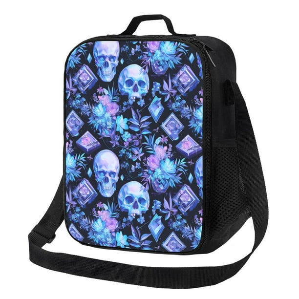 Disketp Skull blue crystal flower Bolsa Térmica Estampada para Almuerzo, Lonchera para Hombres y Mujeres Adultos