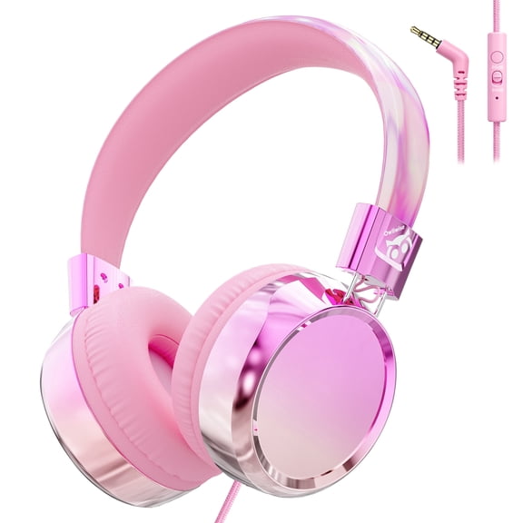 Owliwise Kids Headphones Wired with Microphone, 85/94dB Volume Limit Headphones for Kids, Stereo Sound Foldable Headset for School/Tablet, Pink