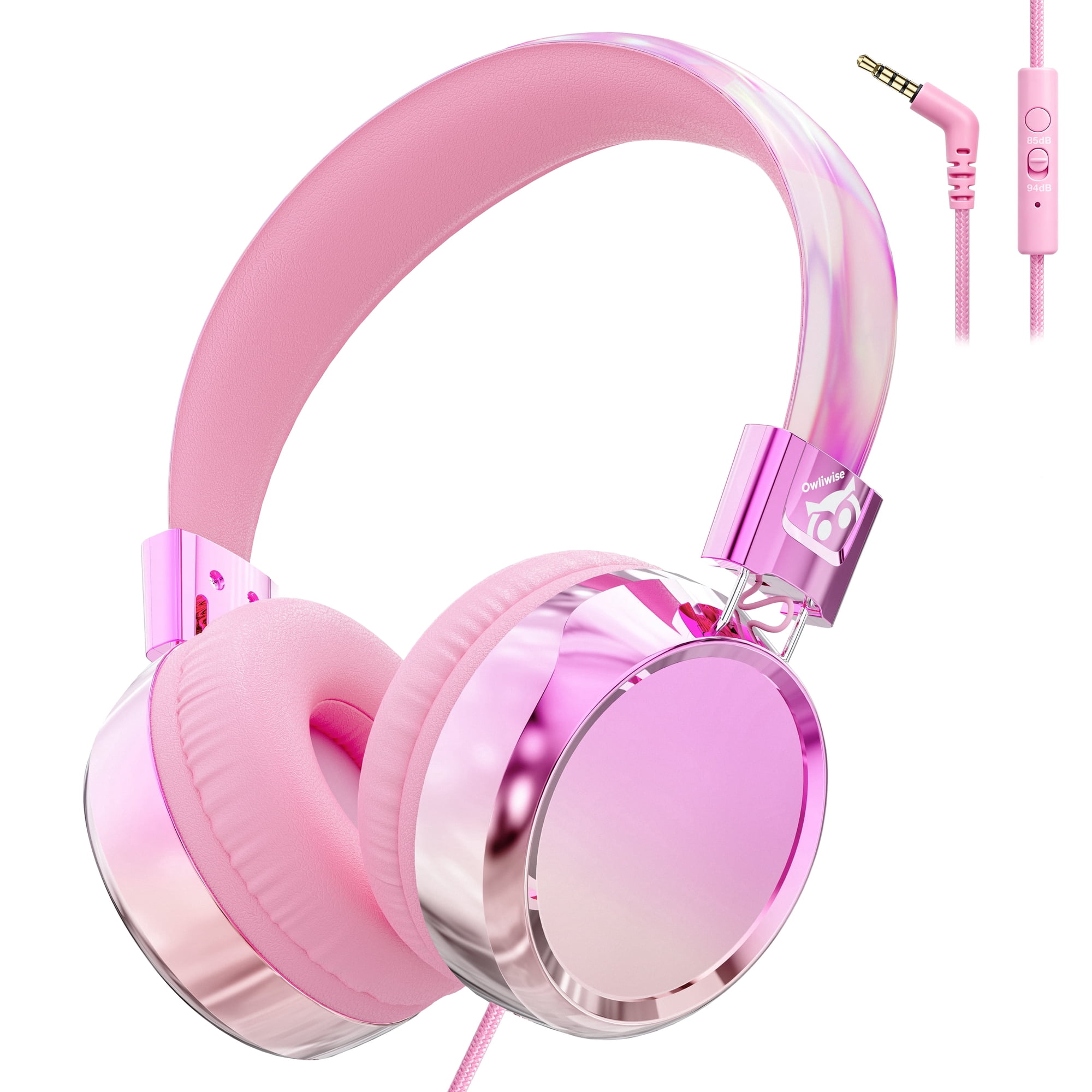Owliwise Kids Headphones Wired with Microphone, 85/94dB Volume Limit Headphones for Kids, Stereo Sound Foldable Headset for School/Tablet, Pink