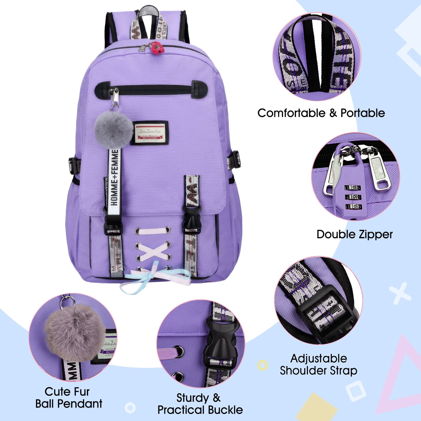 DAKIMOE Fashion Teenage School Backpack Student Middle School bag Men and Women Anti-theft Laptop Backpack with USB Charging Port, Purple