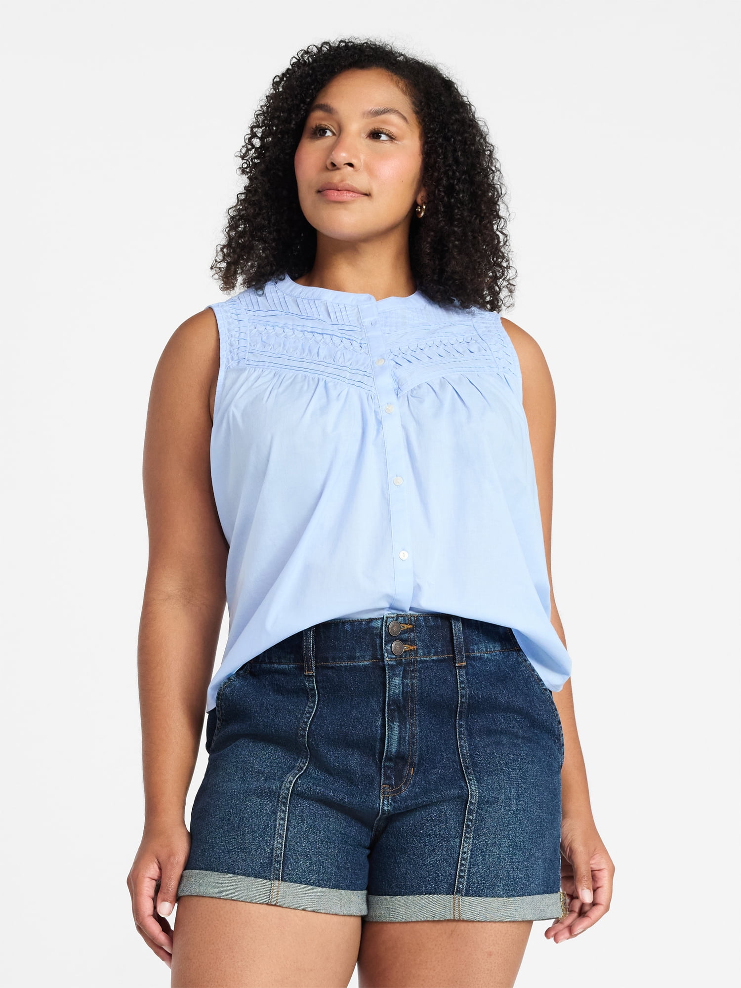 Time and Tru Women’s Pleated Cotton Sleeveless Top, Sizes XS-XXXL