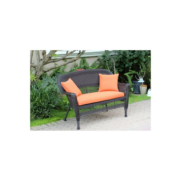 Jeco Espresso Wicker Patio Love Seat With Orange Cushion and Pillows