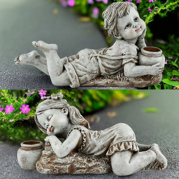 Kid with Solar Lights Garden Decoration Outdoor Statue Resin Jar Boy Flowerbed Yard Sculpture Decor