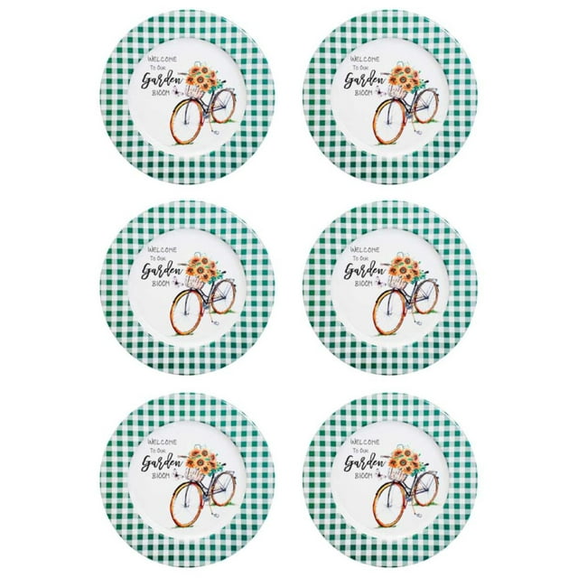 Juego 6 Platos Galerias El Triunfo Metal Cuadros Verde Blancos Bicicleta Con Flores 33cm