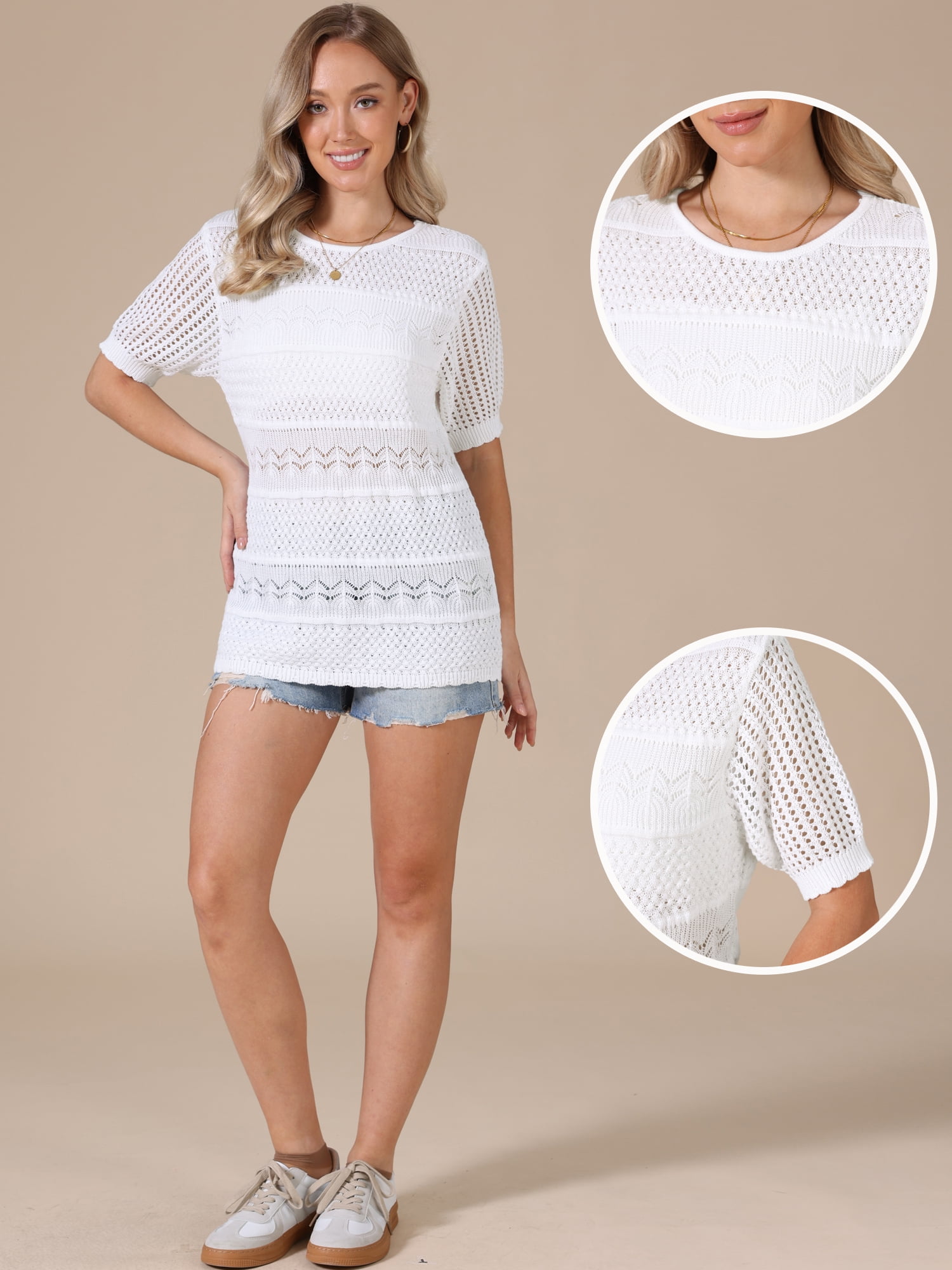 DARING DIVA Women's Crochet Tops Lightweight Short Sleeve Pullover Knit Blouses XL White