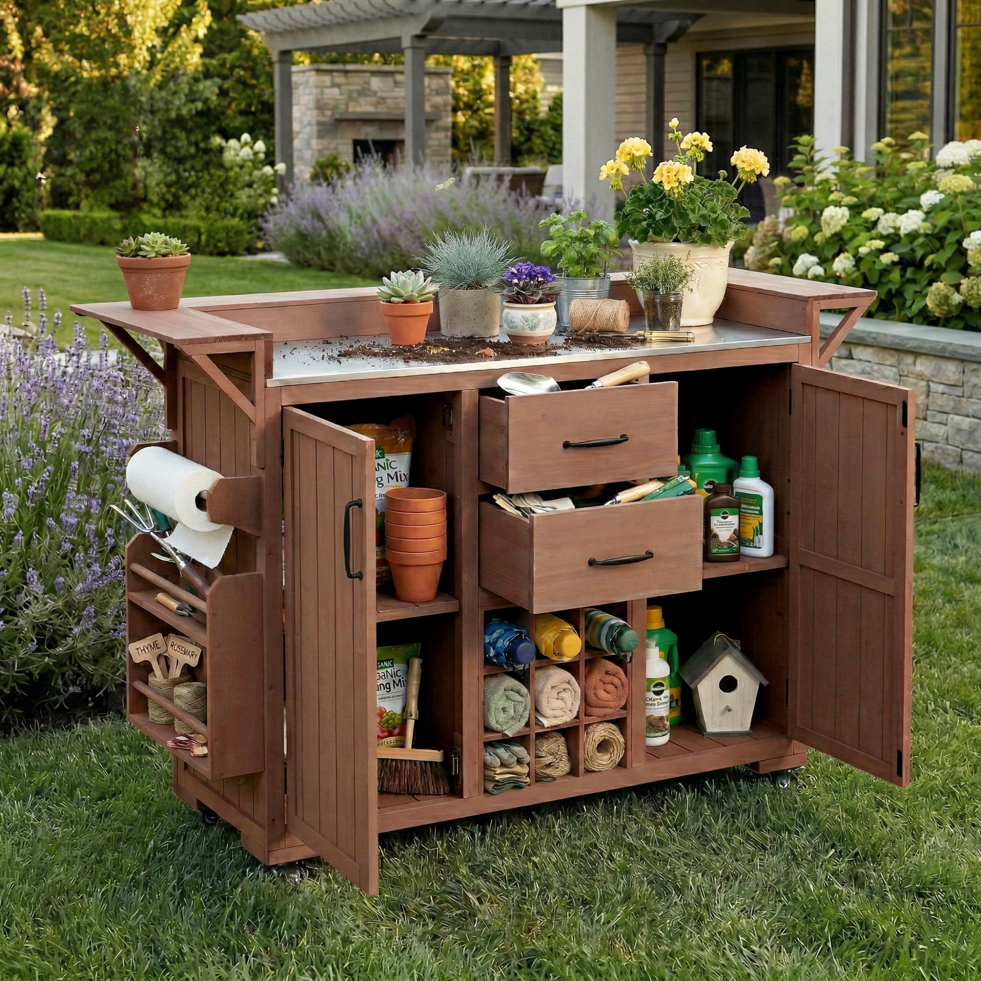 Modern 60.2" Outdoor Kitchen Island with Wheels, Rolling Kitchen Island with Stainless Steel Top & Wine Rack, Patio BBQ Kitchen Cart with Spice Rack & 2 Drawers, Brown