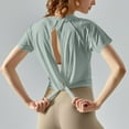 thumbnail image 4 of JGGSPWM Womens Athletic Yoga Running Short Sleeve Tops Loose Fit Crew Neck Hollow Back Gym Plain T Shirts Green S, 4 of 6
