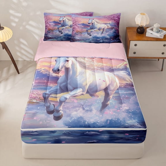 Homewish Chic Horse Zipper Twin Comforter Sets with Fitted Sheet and 2 Pillowcases for Girls, Pink Cherry Blossoms Zipper Bedding Set, Pink Reversible, 4 Pieces