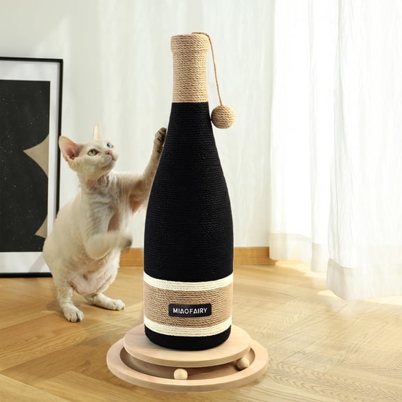 ShadeMart Wine Bottle Cat Scratching Post, 25-inch with Wooden Base, Sisal Scratcher & Hanging Ball