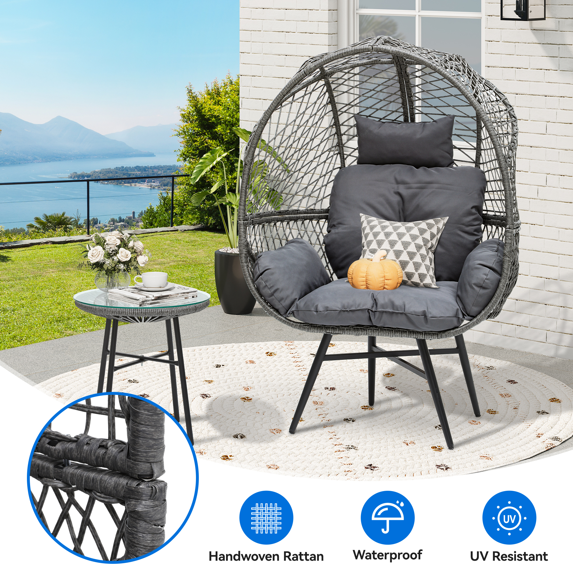 Uforic Wicker Egg Porch Swings with a Table, Suitable for Indoor and Outdoor Use