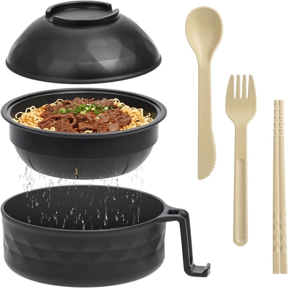 SUTENGDA Microwave Ramen Bowl 40oz Ramen Bowl Set Ramen Noodle Cooker with Lid and Handle Ramen Noodles Bowl with Spoon and Fork for Home Office Dorm Room College (Black)