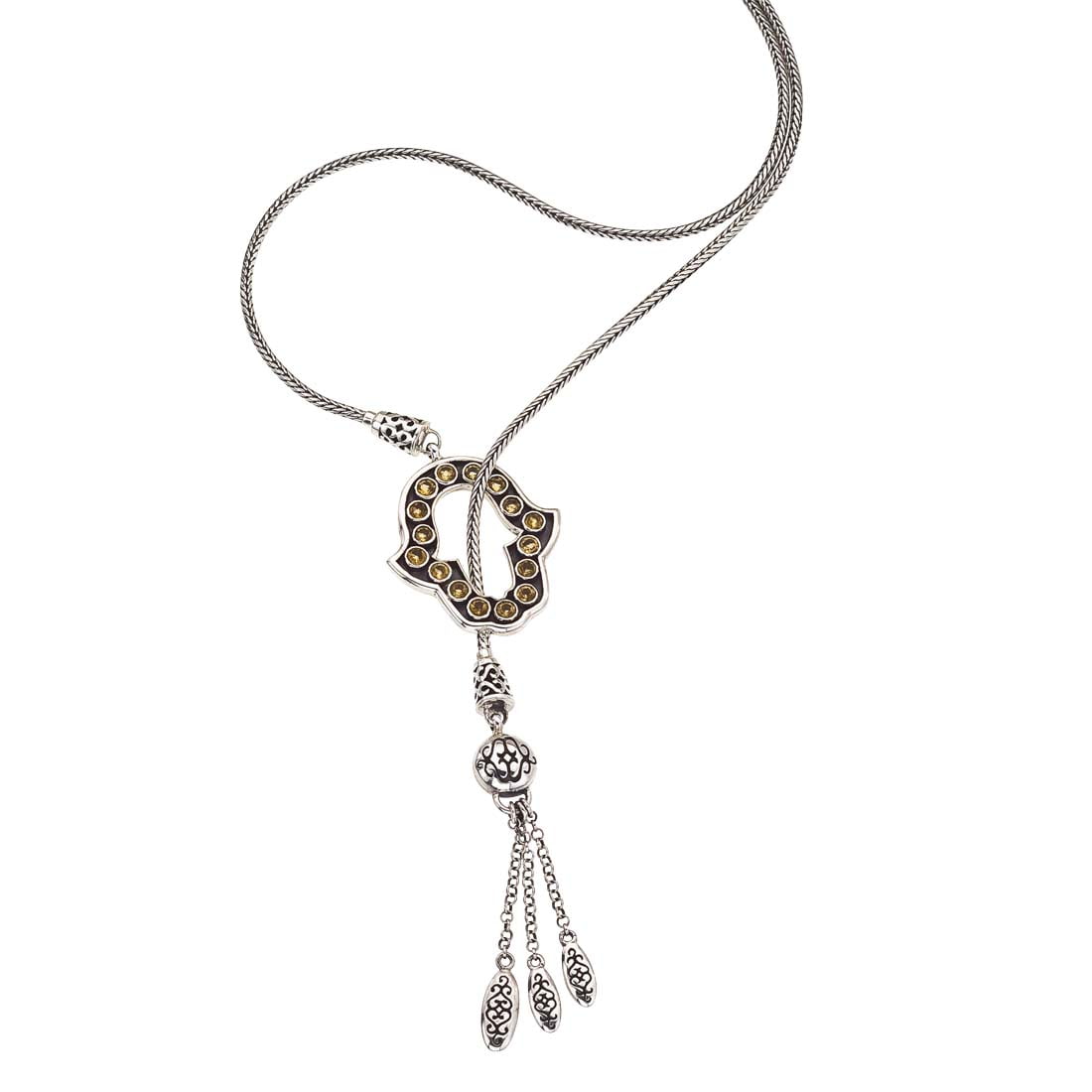 Oxidized Silver & Citrine Hamsa Lariat Necklace by Ax Jewelry