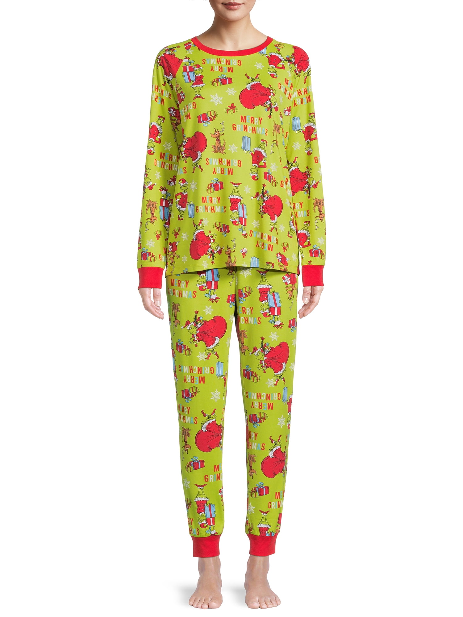 Dr. Seuss Grinch Matching Family Sleepwear Women's & Women's Plus Long Sleeve Top and Pants, 2-Piece Pajama Set