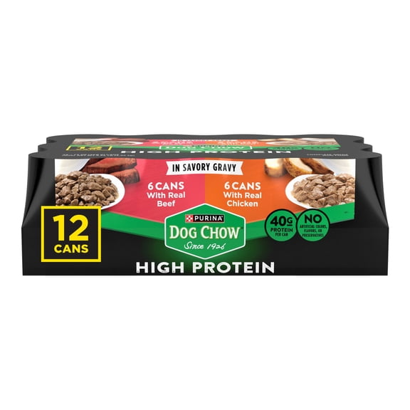 Purina Dog Chow High Protein Dog Food Wet Recipe With Real Chicken or Real Beef In Savory Gravy Variety Pack, 13 oz, 12 Pack