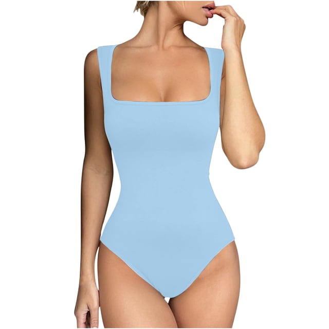 AherBiu Justaucorps pour Femmes Sans Manches Col Carré Décolleté Bas Ajusté Cuisse Haute Combinaisons Hauts