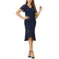 thumbnail image 1 of INSPIRAR CHIC Vestidos de encaje floral midi elegantes para mujer con escote en V, mangas cortas con volantes, vestido de cóctel sirena ajustado color azul marino XS, 1 of 6