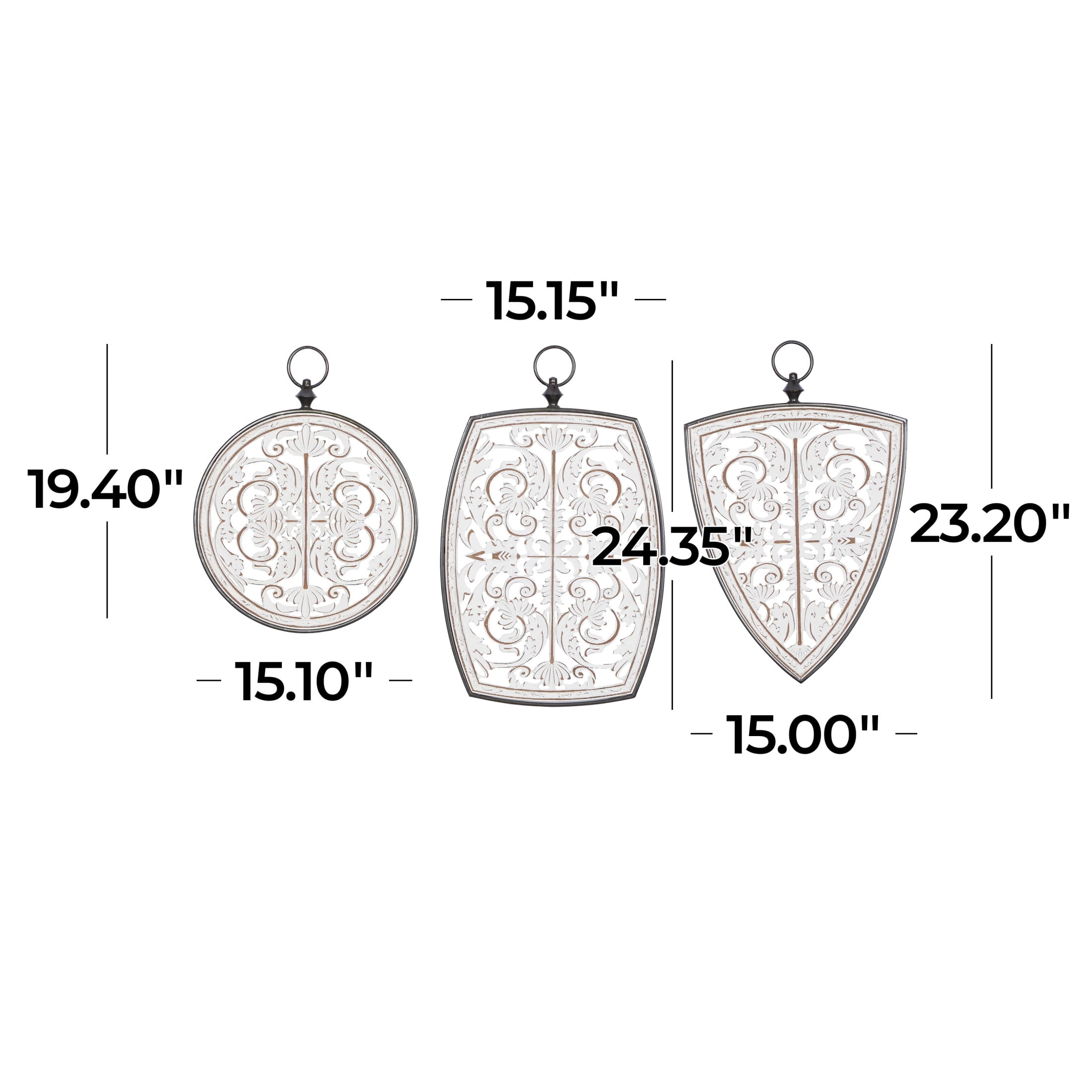 DecMode White Wooden Carved Scroll Wall Decor with Gray Geometric Metal Ring Frames (3 Count)