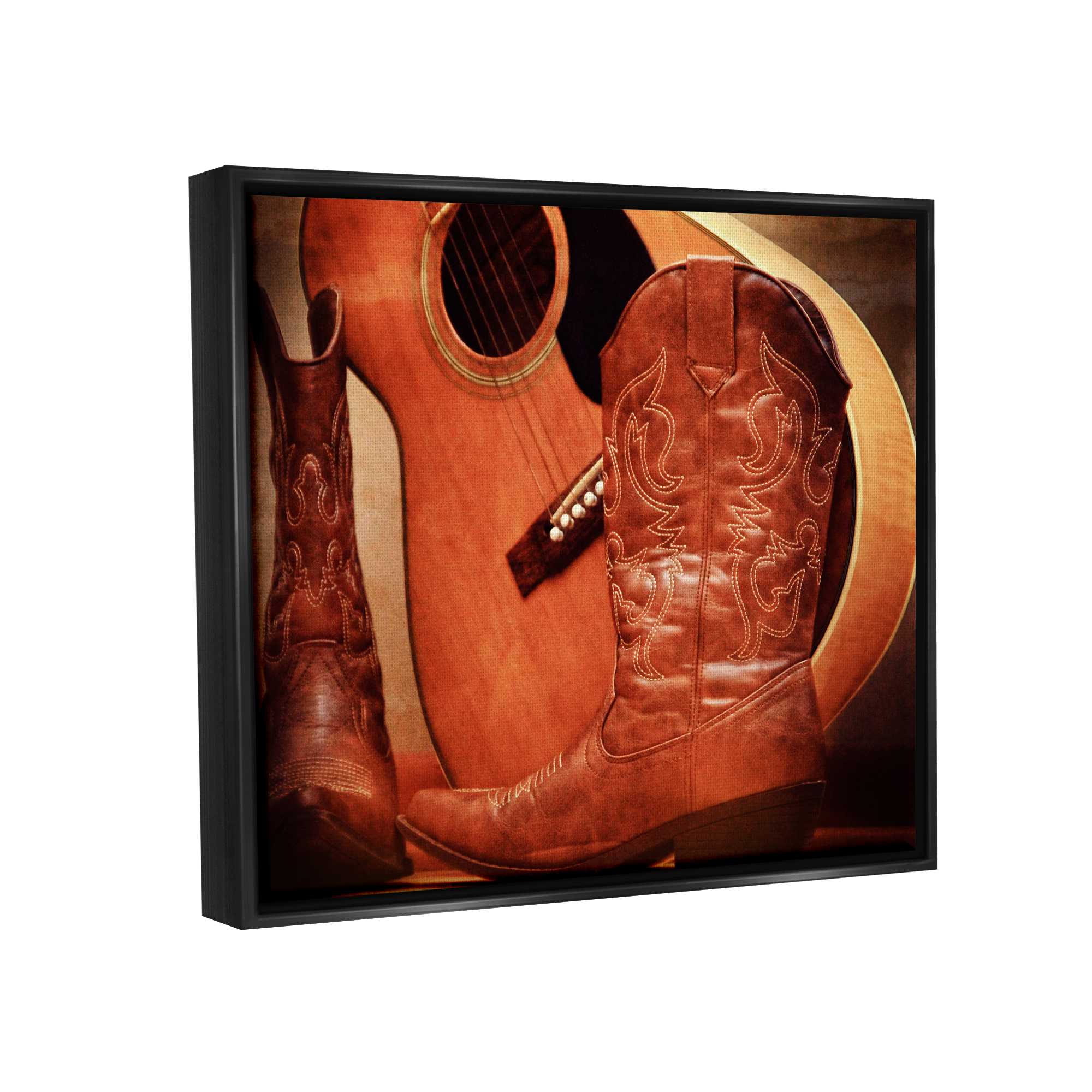 Stupell Industries Guitar & Cowboy Boots Literature & Flim Photography Black Floater Framed Canvas Art Print Wall Art, 21 x 17