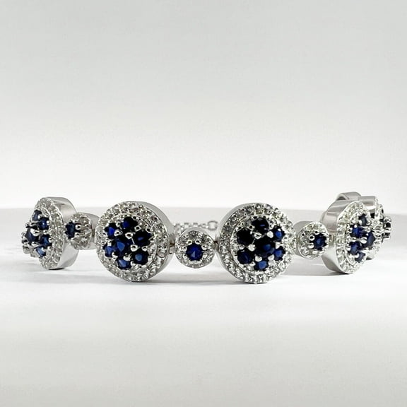 Created Blue Sapphire Halo Floral Link Bracelet- Silver September Birthstone Tennis Bracelet Wedding Bridal Bridesmaid Bracelet For Her