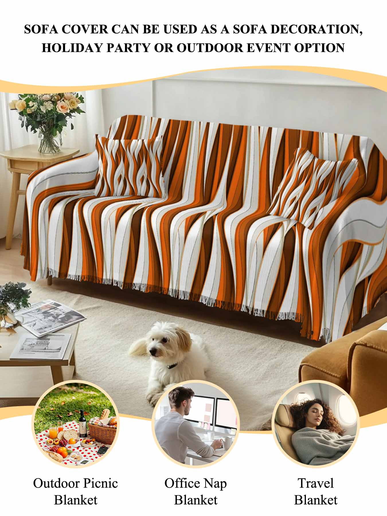 Burnt Orange White Moire Couch Cover, Modern Abstract Art Sofa Cover Blanket for 3 Cushion Couch,Sectional Sofa Slipcover Furniture Protector for Living Room Bedroom 71''x134''