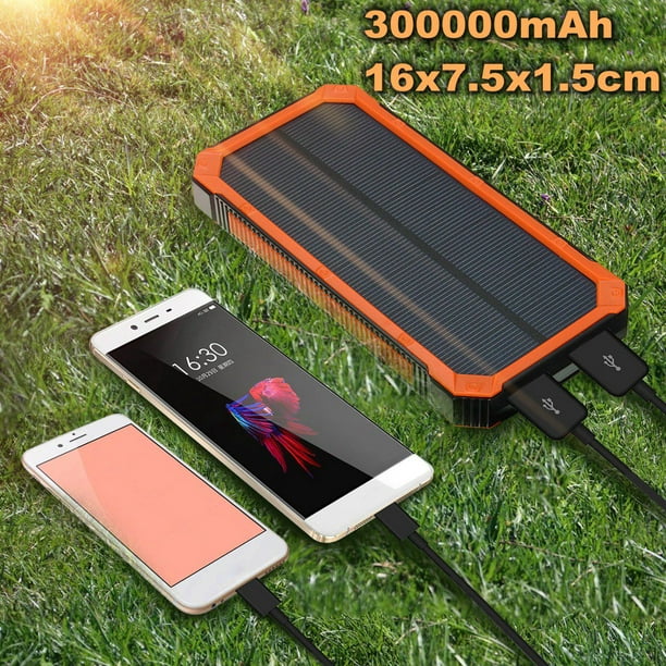 Imperméable Portable 300 000mah Chargeur Solaire Solaire Banque Double Port USB Conduit Lampe de Poche + Mousqueton + Câble USB pour Smartphone