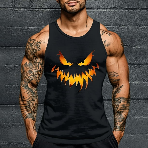 Camiseta sin mangas de cuello redondo para hombre, con estampado de Halloween, cuello redondo, estilo informal, deportiva, para hombre