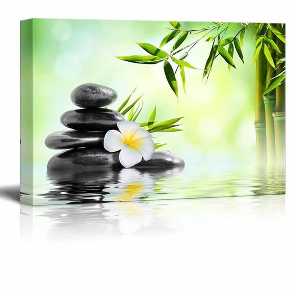Wall26 Canvas Prints Wall Art - Basalt Stones Stacked on Water with Bamboo | Modern Wall Decor/Home Decoration Stretched Gallery Canvas Wrap Giclee Print. Ready to Hang - 16" x 24"