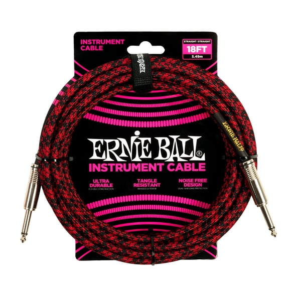 Ernie Ball Braided Instrument Cable, Straight Straight, 18ft, Red/Black