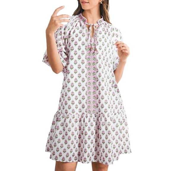Women's Pink Floral Print Bubble Sleeve Ruffled Dress with Neck Tie - [ZhiHiMeRi] | (US 12-14)L