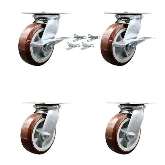 6 Inch Polyurethane Caster Set with Roller Bearing 4 Swivel Lock and 2 Brake SCC