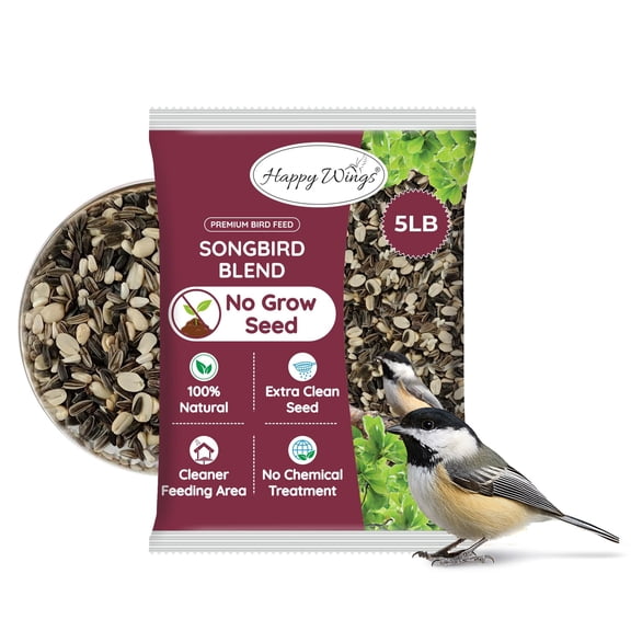 Happy Wings Songbird Blend Bird Food, Mix of Sunflower Seeds/Kernels, Safflower Seeds and Peanuts, 5 Pounds | No Grow Seed | Birdseed for Wild Birds, Dry