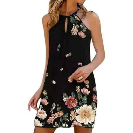 

Lumento Summer Beach Swing Dress for Women Casual Loose Bohemian Floral Print Halter Neck Cami Dresses with Keyhole Black 3XL(US 18-20)