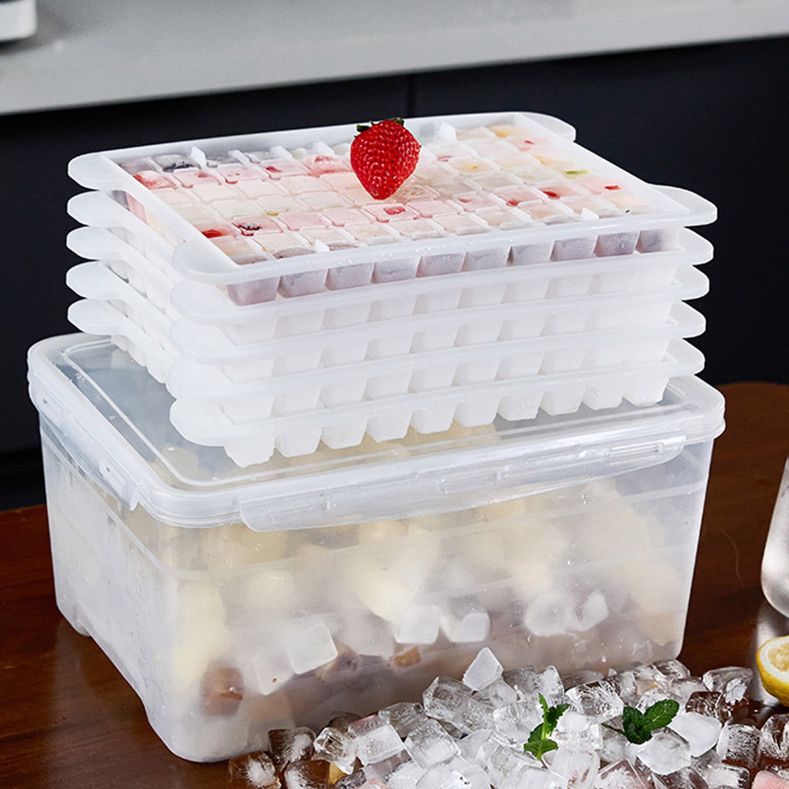 Ice Cube Trays with Lid & Container - 5 Pack Small Crushed Ice Molds for Freezer, DIY Cocktails, , Iced Coffee - 350 Trapezoid Grids, Leakproof Food Storage Box, BPA-Free, Easy Release