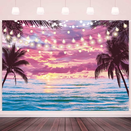8x6FT Beach Sunset Backdrop Summer Tropical Hawaii Seaside Pink Sky Photography Background for Summer Vacation Wedding Birthday Luau Party Decorations Kids Adults Photo Studio Props Vinyl