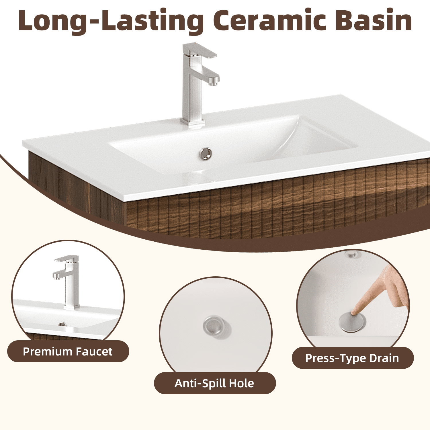 Erinnyees 30" Wooden Freestanding Bathroom Vanity with Ceramic Sink, Walnut Cabinet Featuring a Door & 2 Spacious Drawers