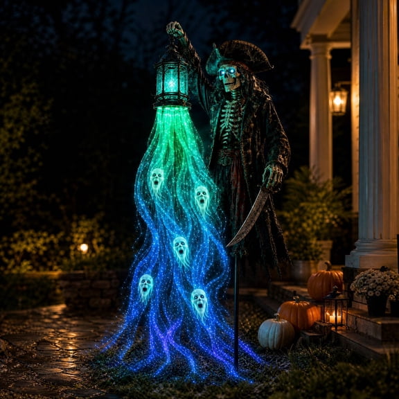 Animated Halloween Soul Harvester Garden Light Collection, Haunted Pirate Skeleton Lantern with Flowing Ghost Light Effect for Lawn Garden Pathway and Halloween Yard Decor