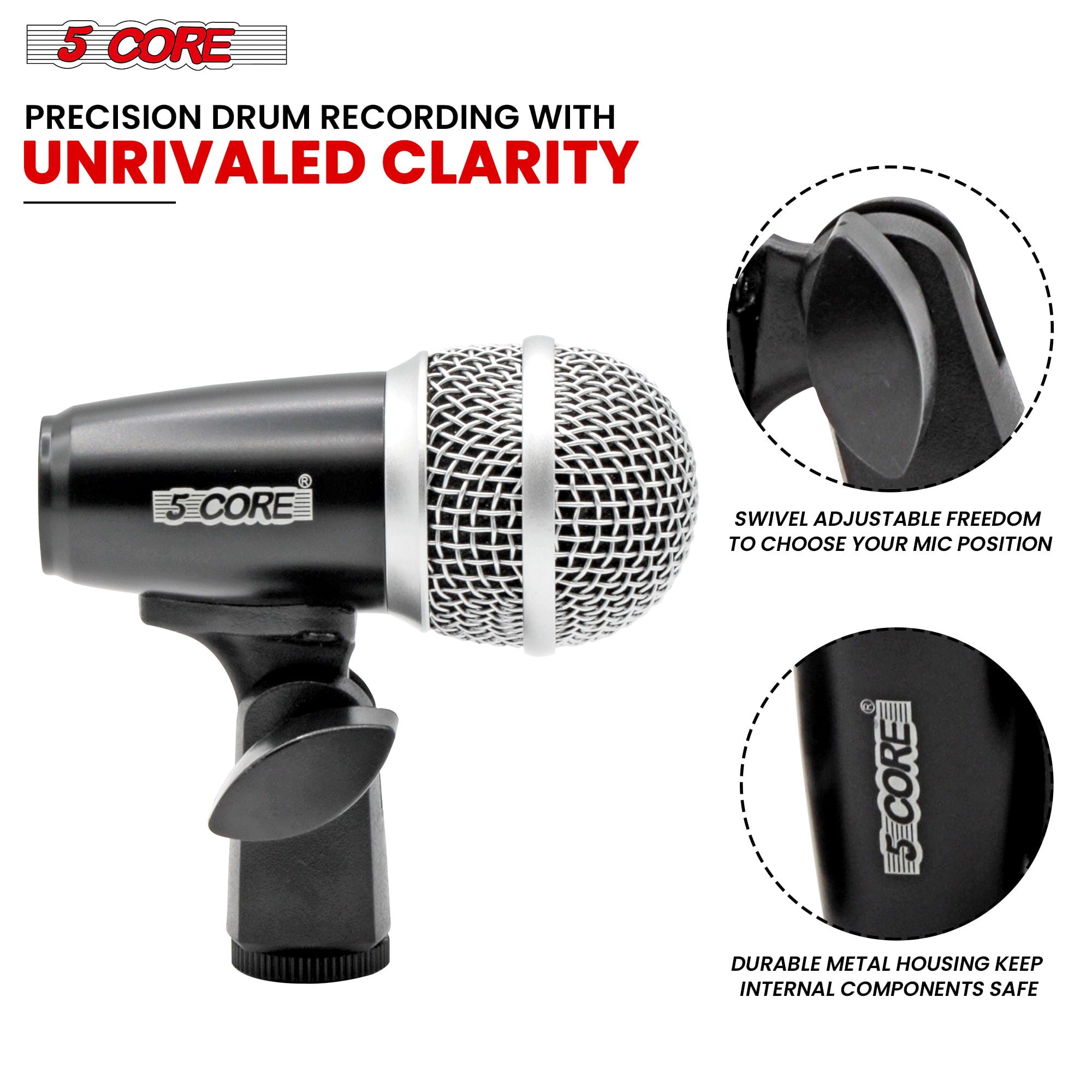 XLR Wired Cardioid Instrument Microphone for Tabla - Dynamic Moving Coil, Swivel Mount & Rim Clip Included