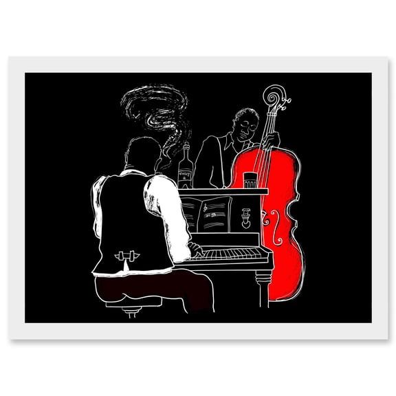 Musicians Jazz Piano Illustration Red Bass Bar Music Artwork Framed Wall Art Print A4