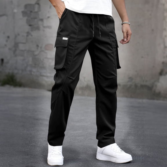 Blmnix Low Waisted Men Pants Carpenter Pants Baggy Cargo Travel Pants Pant Black Straight-Leg Long Mens Casual Pants,M