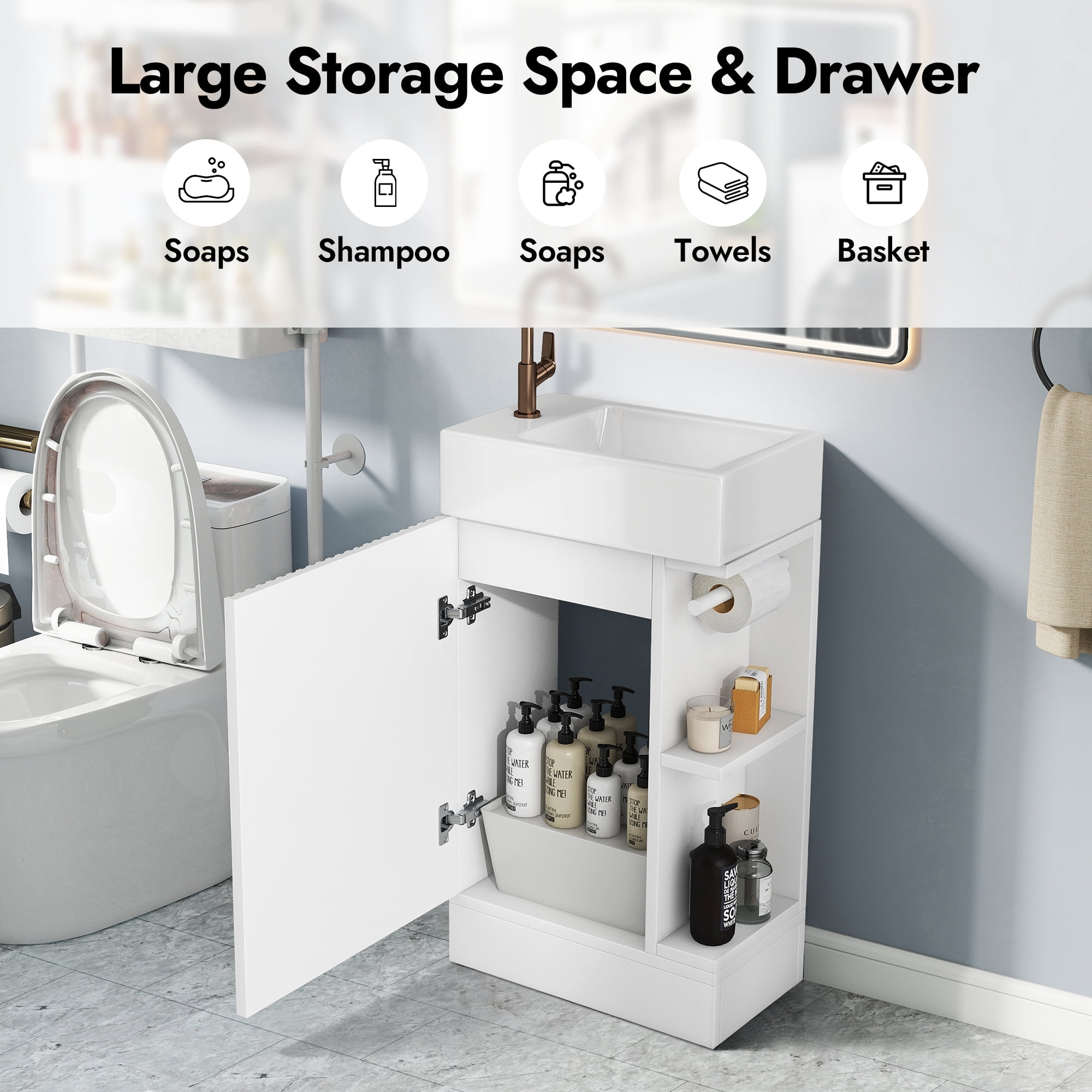 Aukfa 18.6" Bathroom Vanity with Sink Combo, Modern Storage Cabinet with Two-tier Shelves, White