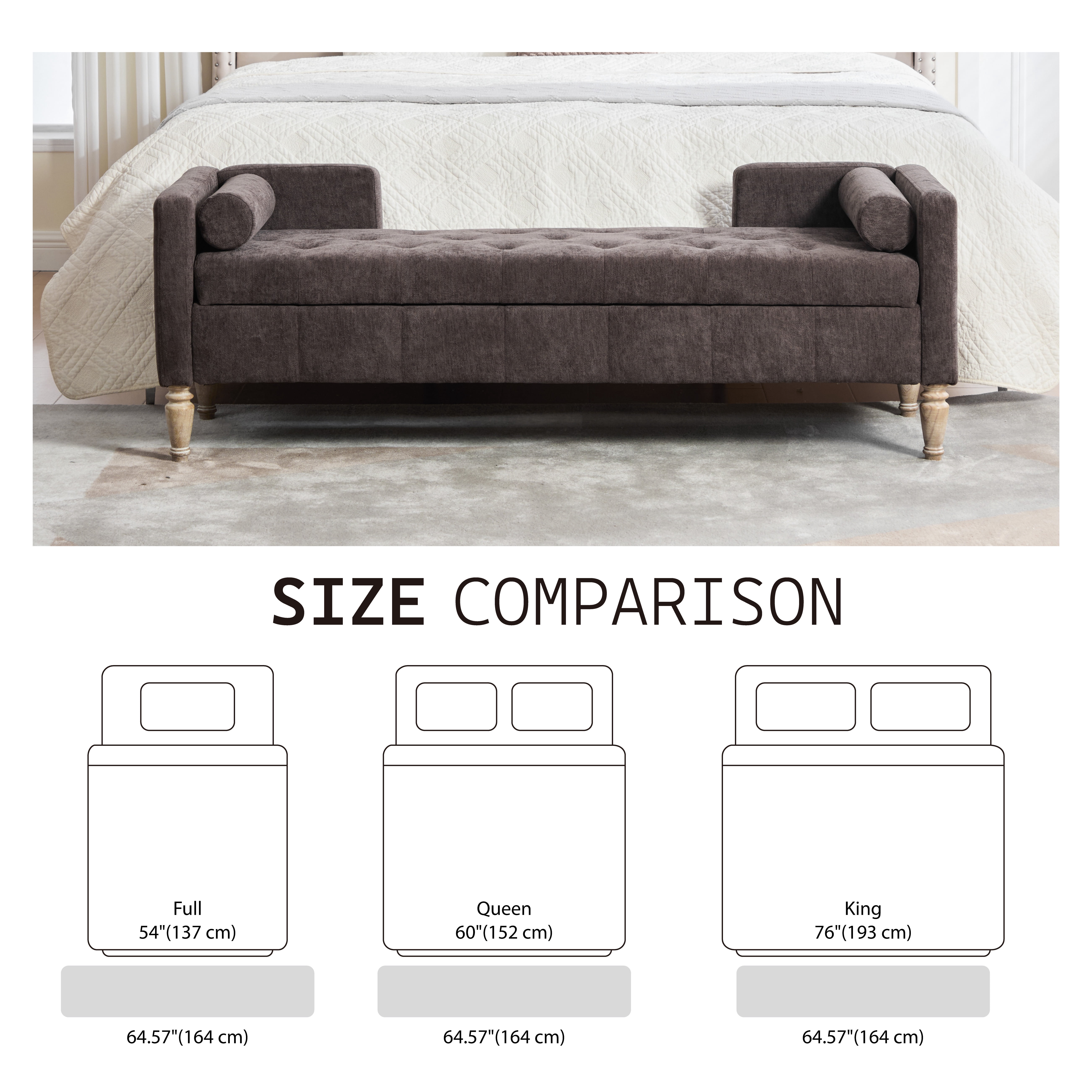 64.6"W Upholstered Chenille Flip-top Storage End of Bed Bench, Tufted Accent Footrest with Armrests&Backrest&2 Bolsters Whitewashed Rubberwood Legs for Living Room, Hallway, Entryway Bedroom