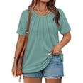 thumbnail image 2 of 1X Womens Plus Size Summer Tops Fashion Pleated Shirts Loose Fit Short Sleeve Blouses Basic Dressy Crew Neck Tees Green, 2 of 8